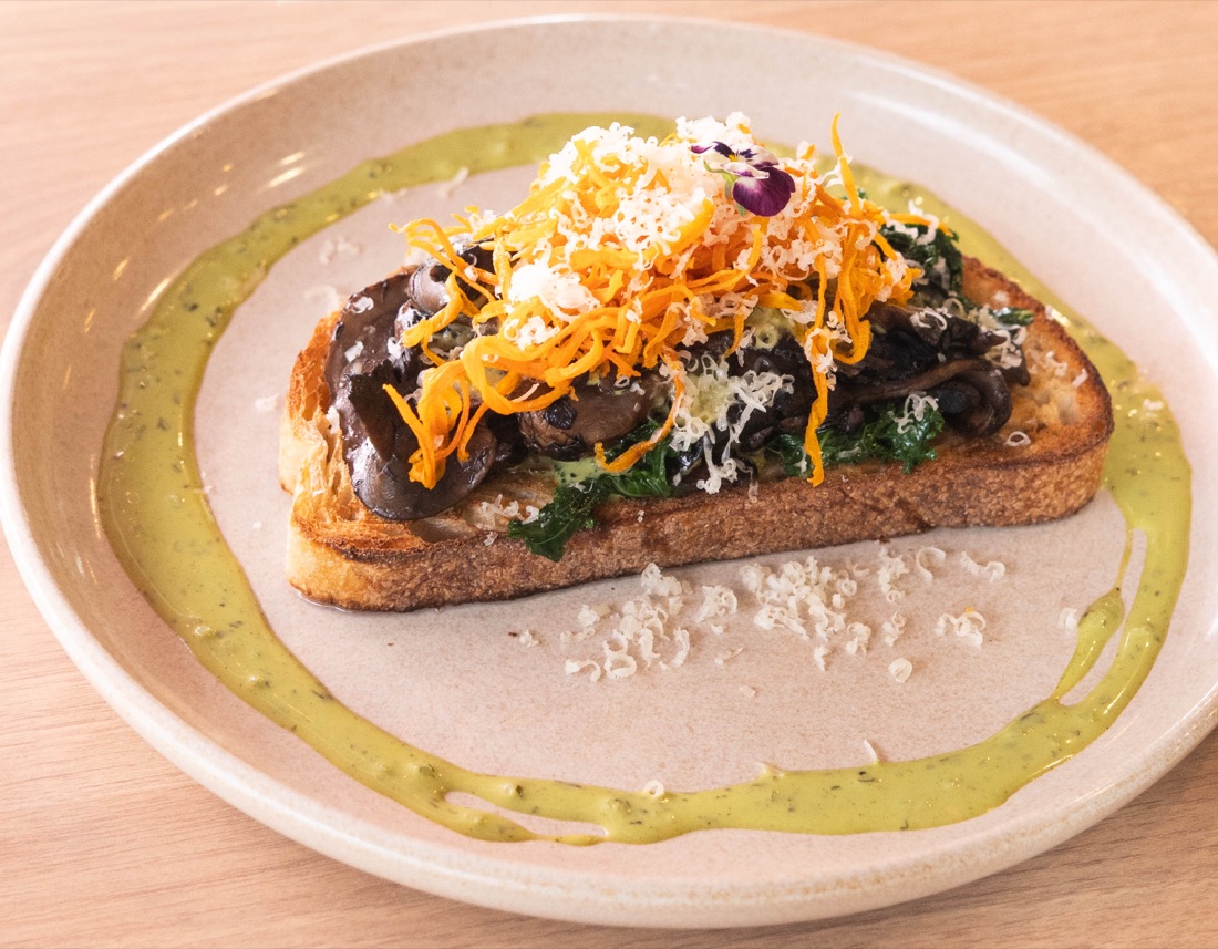 Mushroom Height, garlic butter mushrooms with green goddess on sourdough
