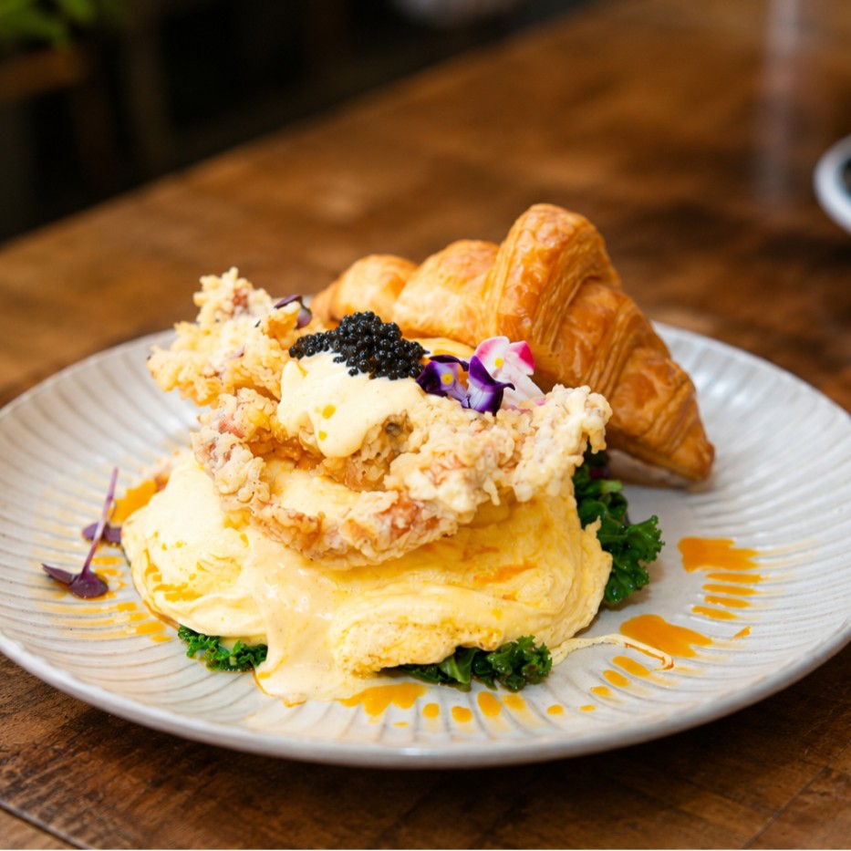 Glider Landing, soft-shell crab and scrambled eggs in a fluffy croissant