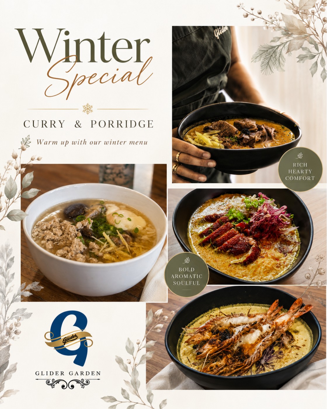 Winter Special poster, seasonal curry and porridge bowls at Glider Garden