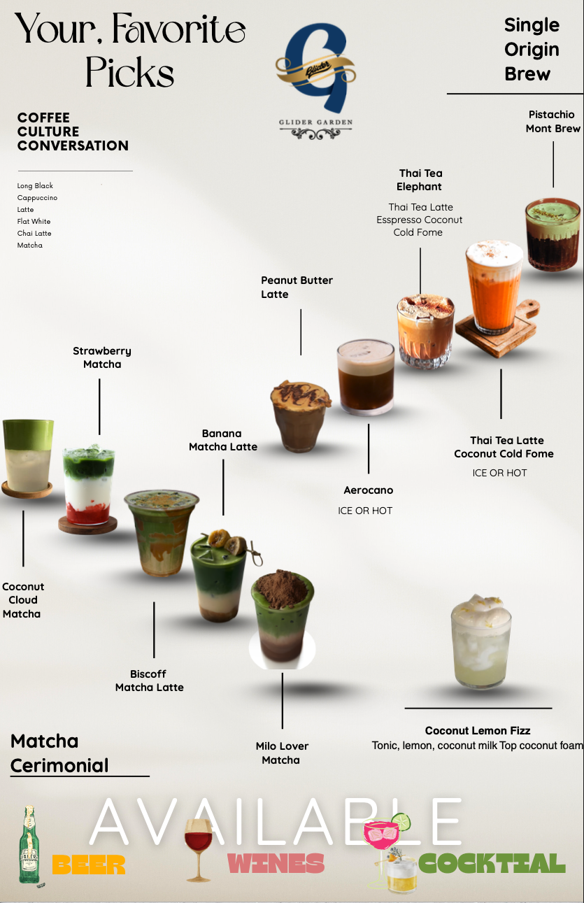 Drinks at Glider Garden, coffee, matcha and cold-pressed juices